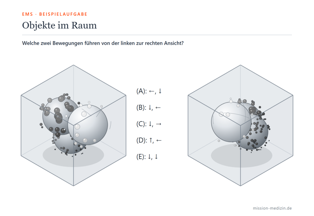 Beispielaufgabe Objekte im Raum: zwei Ansichten eines Glaswürfels mit drei Körpern und fünf Bewegungsoptionen