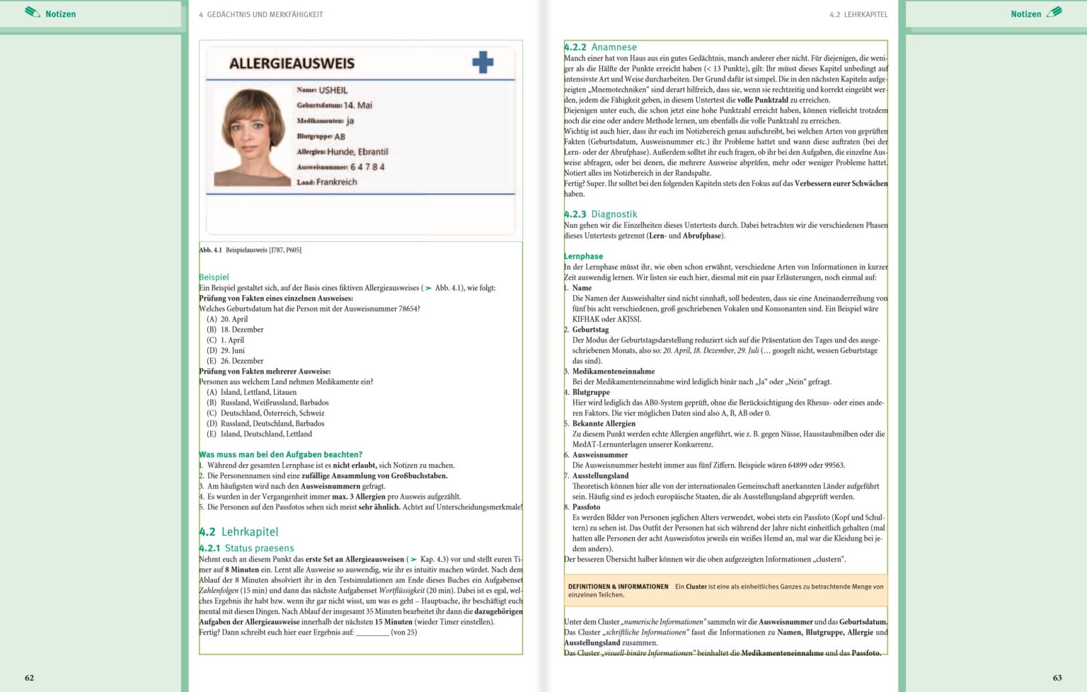 Aufgeschlagene Doppelseite 62 und 63 aus Band 2 mit einem Allergieausweis