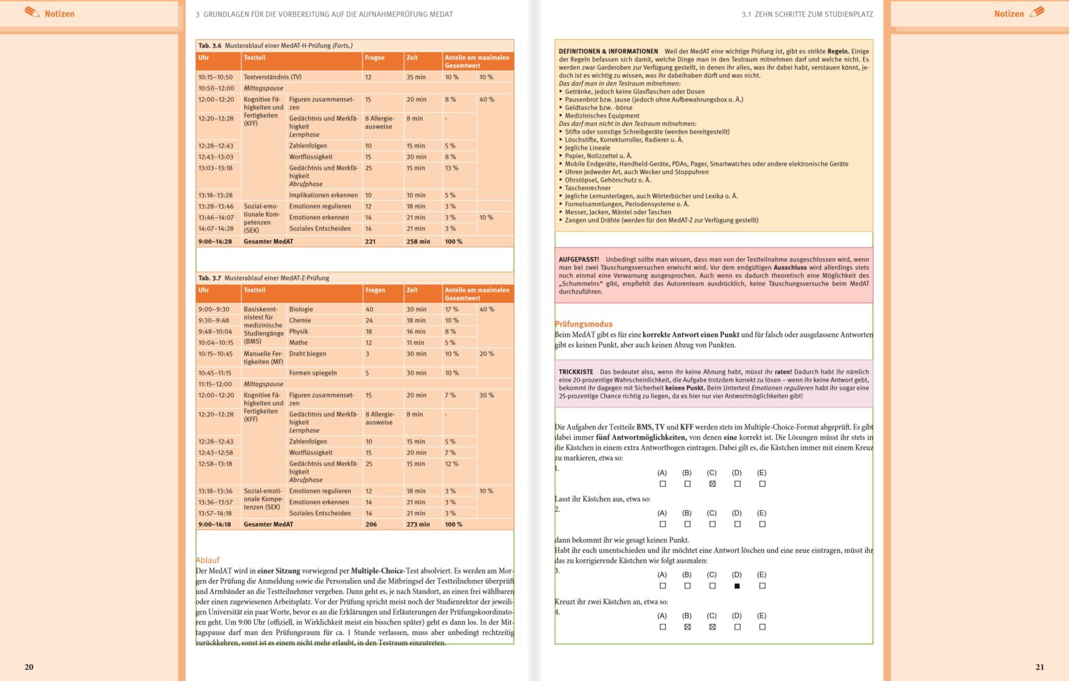 Aufgeschlagene Doppelseite 20 und 21 aus Band 4 mit dem Musterablauf des MedAT