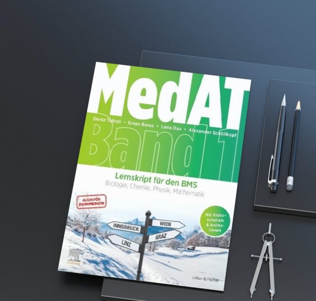 Band 1 des MedAT-Kompendiums, das Lernskript für den BMS, auf einem Schreibtisch