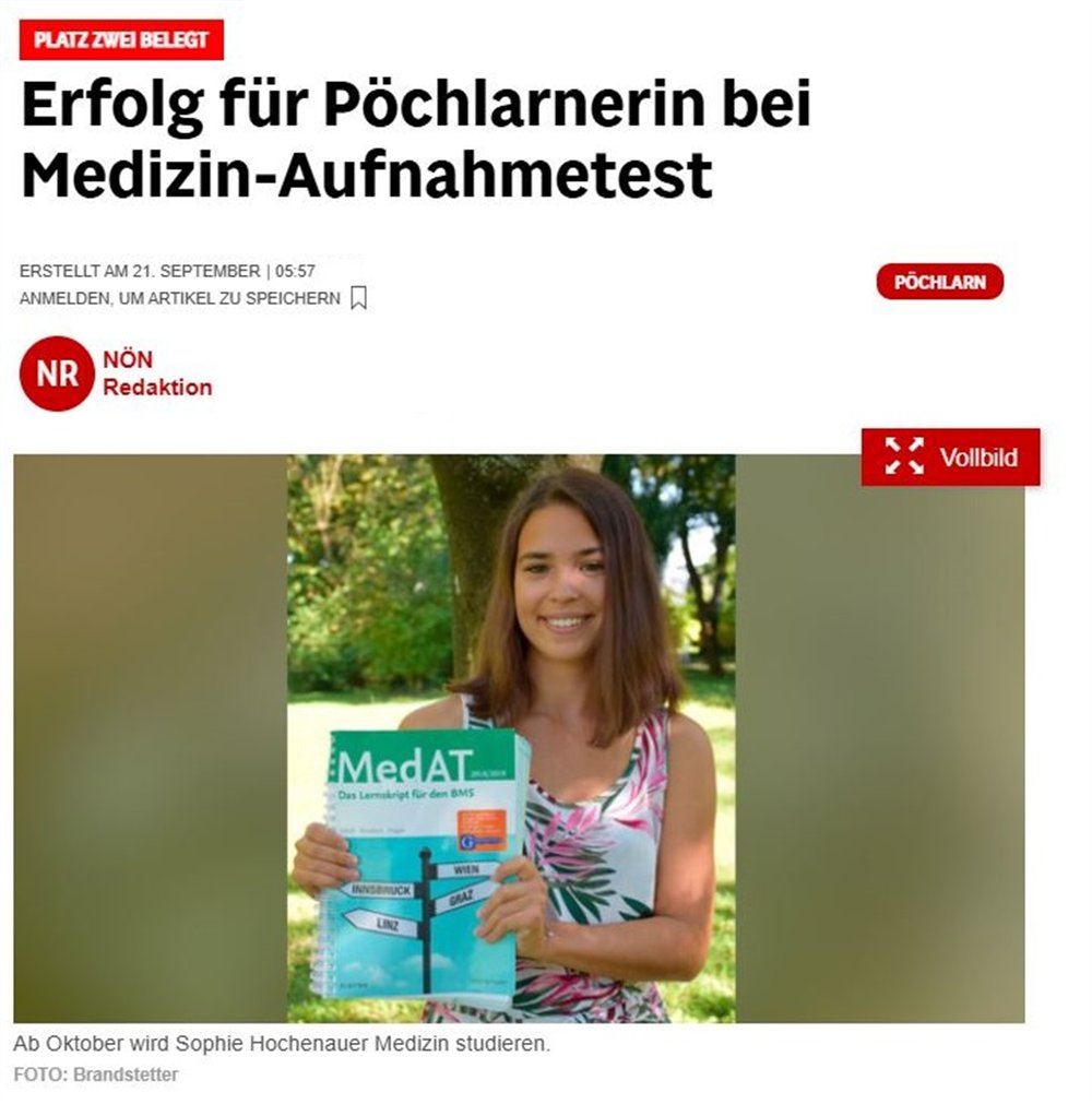 Bericht der Niederösterreichischen Nachrichten über eine Pöchlarnerin, die beim MedAT den zweiten Platz belegte