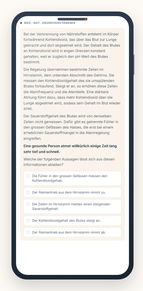 Eine EMS-Aufgabe auf dem Handy: Text zum medizinisch-naturwissenschaftlichen Grundverständnis mit fünf Antwortmöglichkeiten