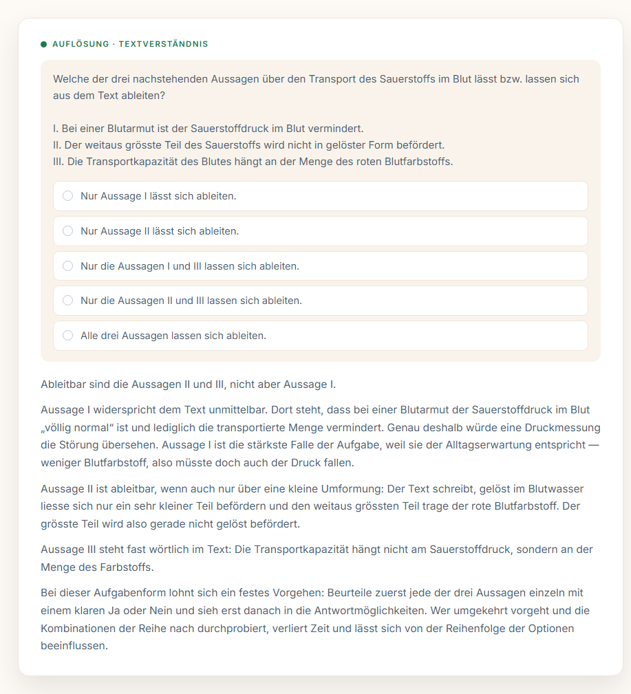 Aufl&ouml;sung zum Textverst&auml;ndnis: drei Aussagen einzeln gepr&uuml;ft