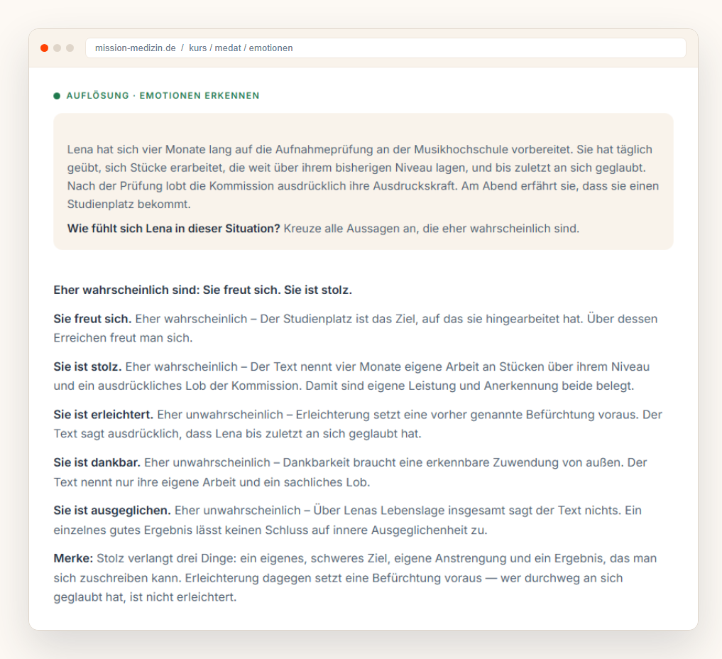 Aufl&ouml;sung zu Emotionen erkennen: jede der f&uuml;nf Aussagen einzeln begr&uuml;ndet