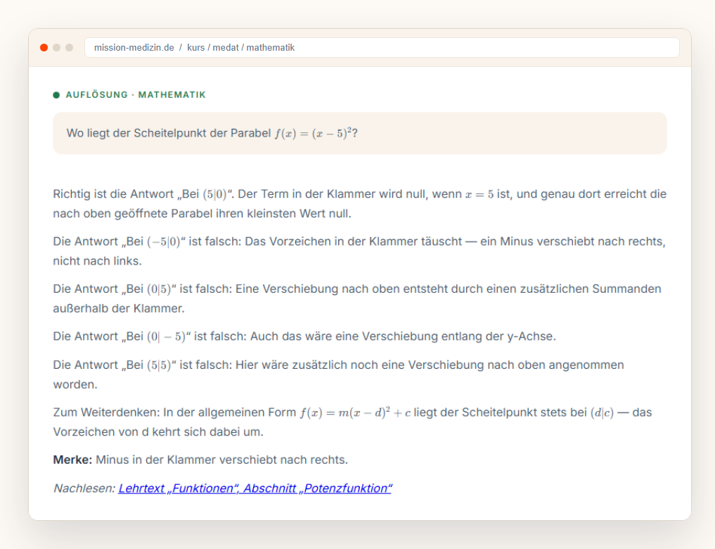 Aufl&ouml;sung zu einer Mathematik-Aufgabe: der Scheitelpunkt der Parabel, mit gesetzten Formeln