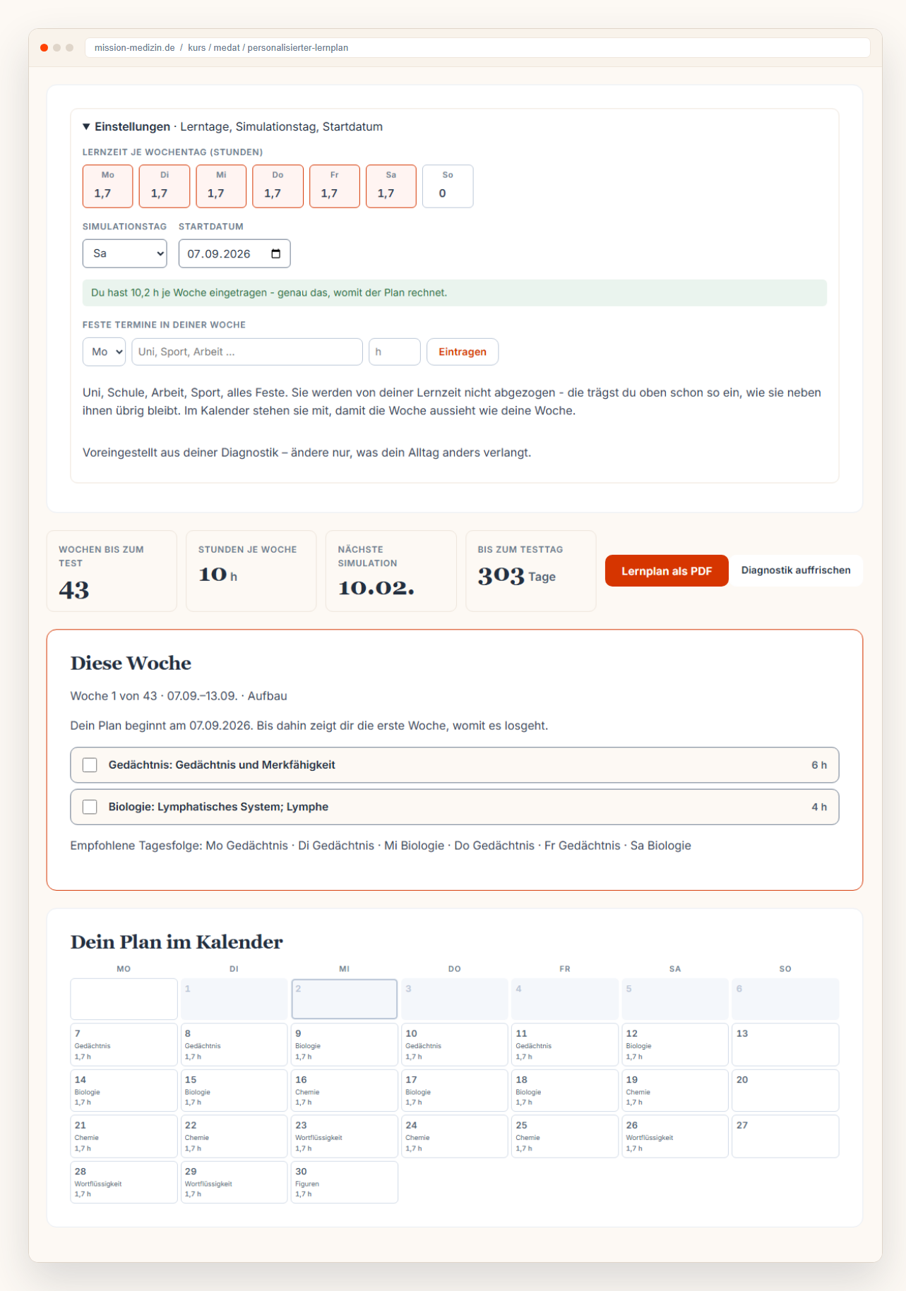 Die Lernplanseite: Einstellungen f&uuml;r Lernzeit je Wochentag, Simulationstag und Startdatum, darunter die Kennzahlen, die laufende Woche und der Monatskalender mit Fach und Stunden je Tag