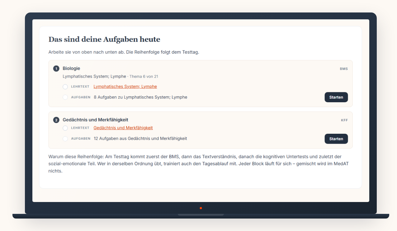Die heutige To-Do-Liste in der Lernplattform: Biologie und Gedächtnis mit Lehrtext und Aufgaben