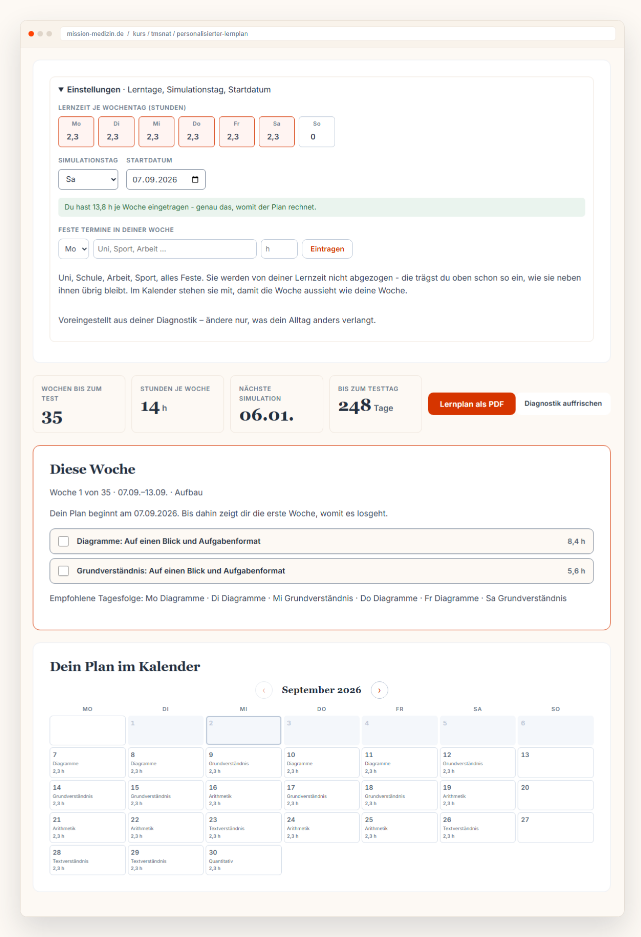 Die Lernplanseite: Einstellungen für Lernzeit je Wochentag, Simulationstag und Startdatum, darunter der Monatskalender mit Gruppe und Stunden je Tag