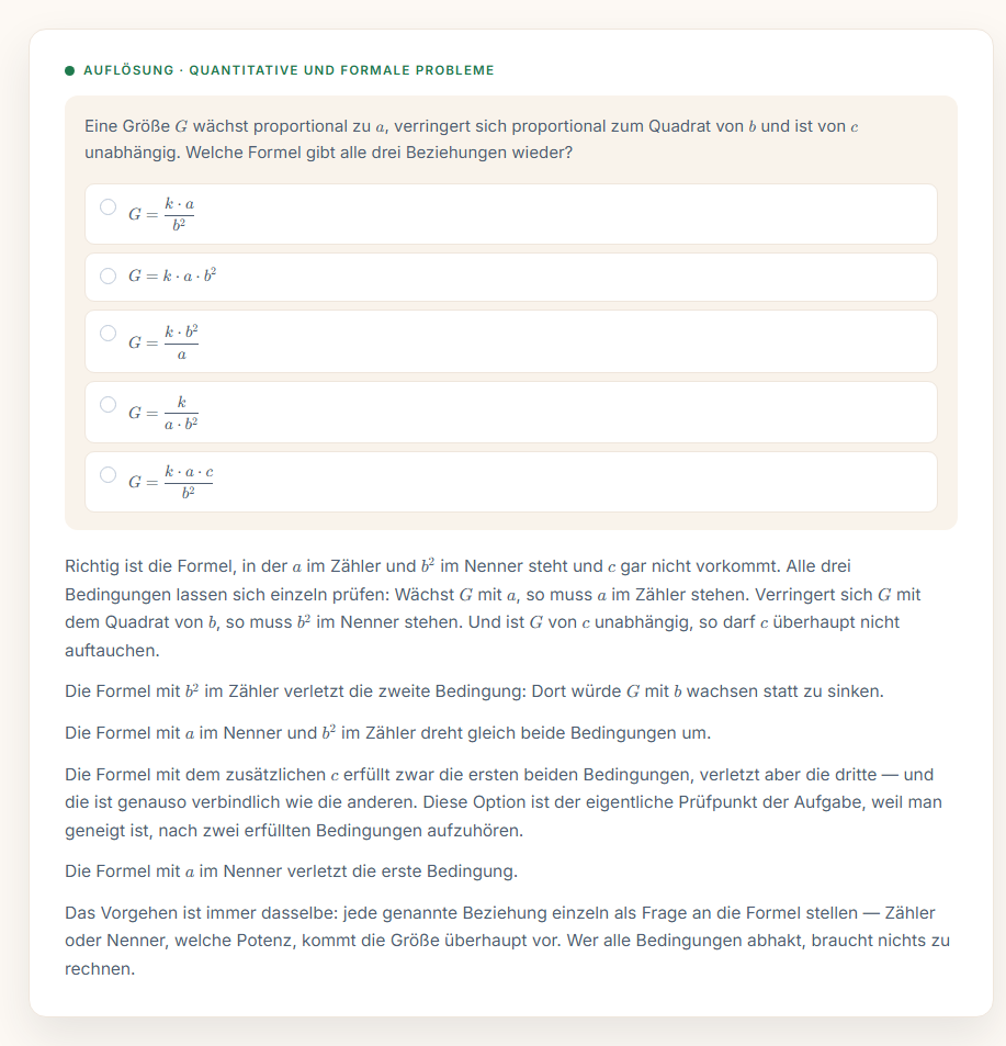 Aufl&ouml;sung zu quantitativen und formalen Problemen: f&uuml;nf gesetzte Formeln und die Pr&uuml;fung jeder einzelnen Bedingung