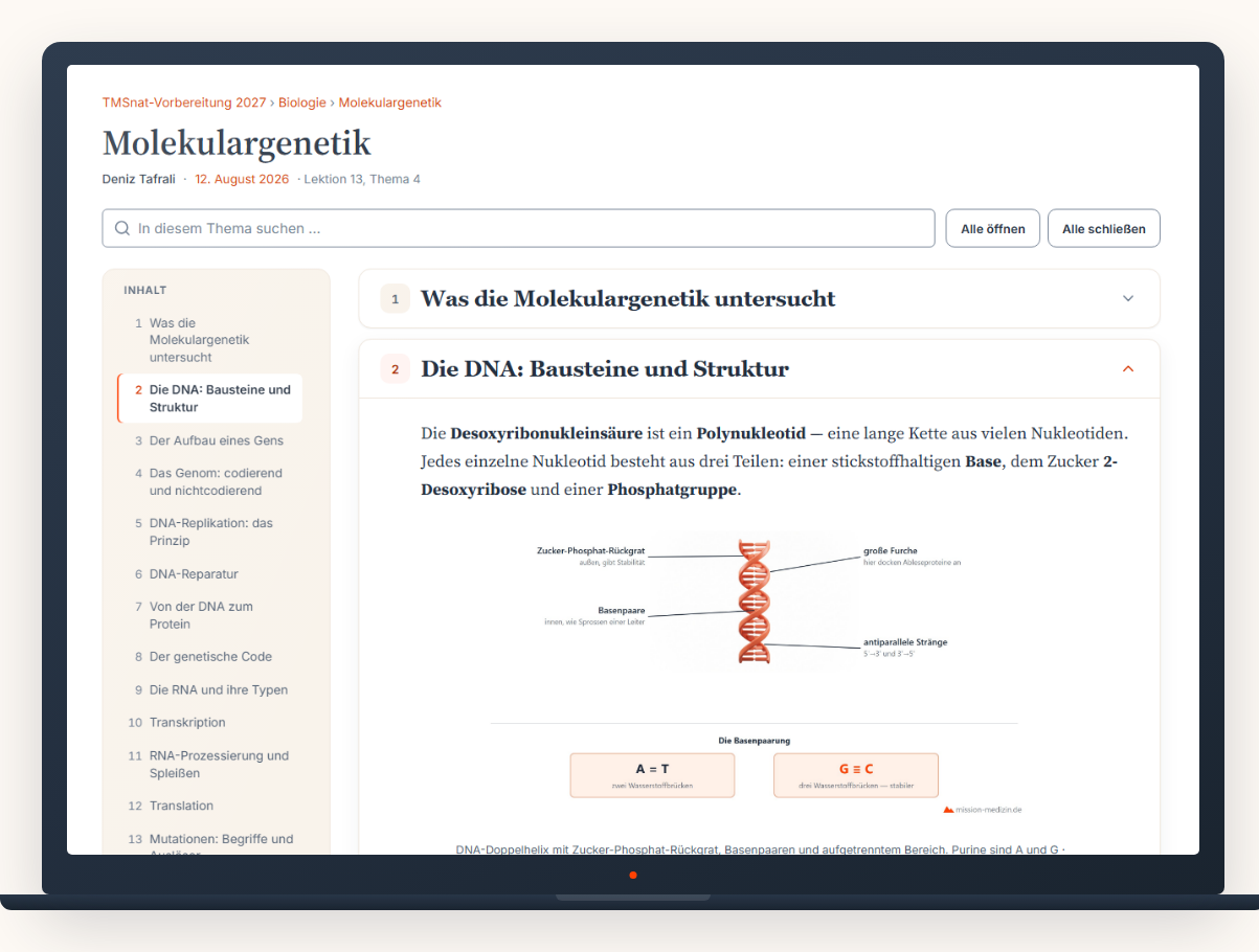 Der Lehrtext Molekulargenetik in der Lernplattform: Inhaltsverzeichnis links, aufgeklappter Abschnitt mit der DNA-Doppelhelix und der Basenpaarung